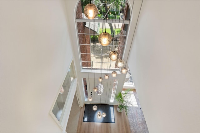 entryway with a high ceiling and wood finished floors