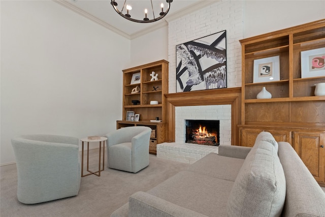 living room featuring a chandelier, ornamental molding, carpet flooring, and a brick fireplace