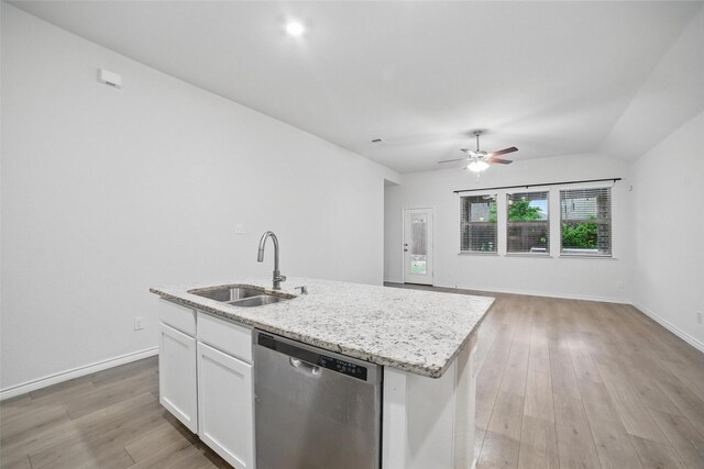 505 Pleasant Hill Ln, Fate, TX 75189 - kitchen with dishwasher, a sink, a ceiling fan, white cabinets, and light wood-style floors