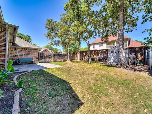 view of yard with a storage shed, a patio, and an outdoor structure