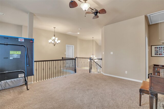 8205 Saint Clair Dr, Mckinney, TX 75071 - living area with a chandelier, carpet, a ceiling fan, attic access, and baseboards