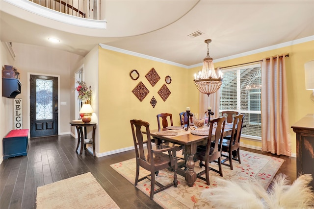 8205 Saint Clair Dr, Mckinney, TX 75071 - dining area with a chandelier, healthy amount of natural light, baseboards, dark wood finished floors, and ornamental molding