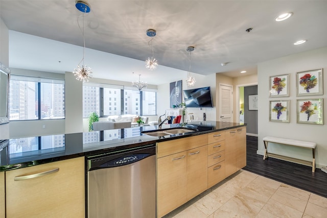 1200 Main St Unit 809, Dallas, TX 75202 - kitchen with dishwasher, a chandelier, open floor plan, a sink, and dark stone countertops