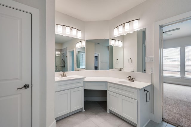 6725 Palmdale Dr, Fort Worth, TX 76123 - full bath featuring tile patterned flooring, a shower stall, and double vanity