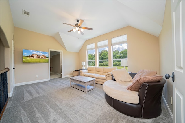 1020 High Meadow Dr, Mount Vernon, TX 75457 - carpeted living area featuring a ceiling fan, vaulted ceiling, and baseboards
