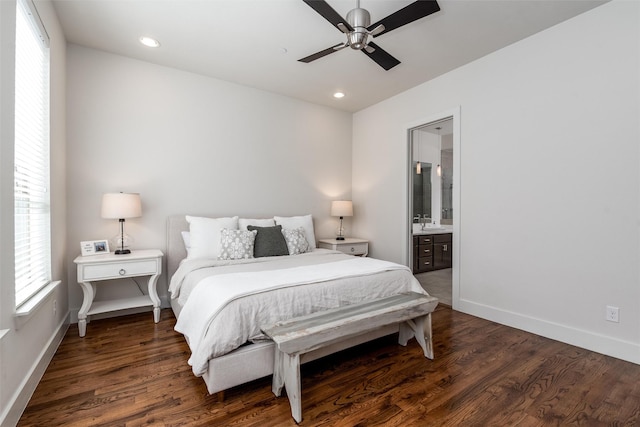 5816 Lindell Ave Unit 3, Dallas, TX 75206 - bedroom featuring wood finished floors, baseboards, ensuite bathroom, a sink, and recessed lighting