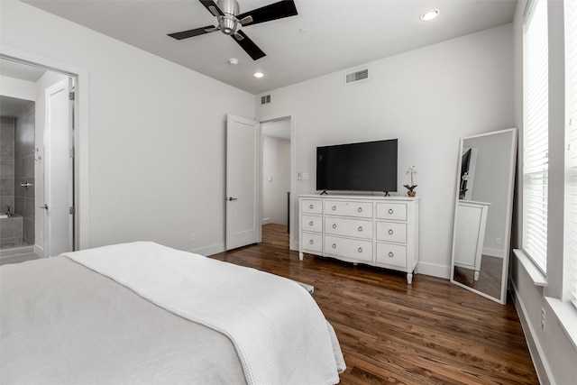 5816 Lindell Ave Unit 3, Dallas, TX 75206 - bedroom with dark wood-style floors, recessed lighting, baseboards, a ceiling fan, and ensuite bath