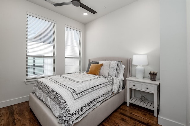 5816 Lindell Ave Unit 3, Dallas, TX 75206 - bedroom with baseboards, dark wood-style flooring, recessed lighting, and a ceiling fan