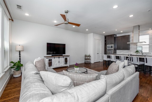 5816 Lindell Ave Unit 3, Dallas, TX 75206 - living room with a ceiling fan, baseboards, recessed lighting, and dark wood finished floors