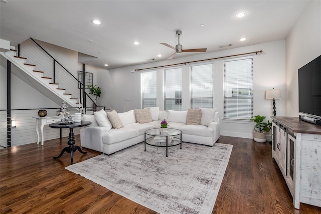 5816 Lindell Ave Unit 3, Dallas, TX 75206 - living room featuring a ceiling fan, stairs, recessed lighting, dark wood-style floors, and baseboards