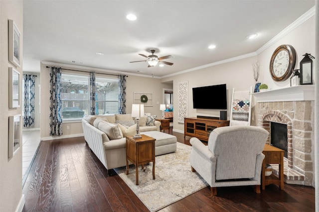 8332 Trickham Bnd, Fort Worth, TX 76131 - living room with dark wood-style flooring, a ceiling fan, crown molding, recessed lighting, and a fireplace