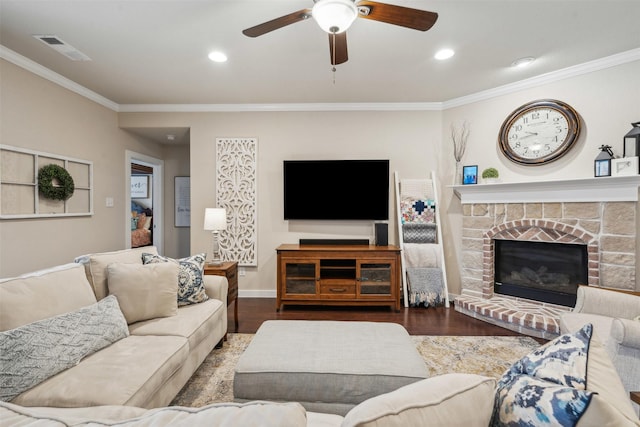 8332 Trickham Bnd, Fort Worth, TX 76131 - living room featuring ornamental molding, wood finished floors, ceiling fan, recessed lighting, and a fireplace