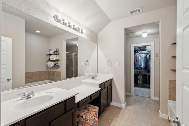 8332 Trickham Bnd, Fort Worth, TX 76131 - bathroom featuring a shower stall, a bath, tile patterned floors, vanity, and a spacious closet