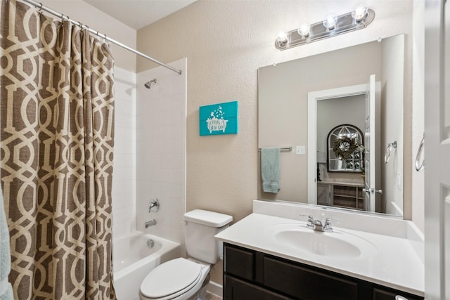 8332 Trickham Bnd, Fort Worth, TX 76131 - bathroom featuring toilet, shower / bathtub combination with curtain, vanity, and a textured wall