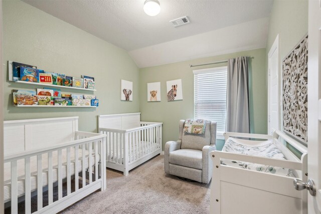 8332 Trickham Bnd, Fort Worth, TX 76131 - carpeted bedroom featuring a nursery area and vaulted ceiling