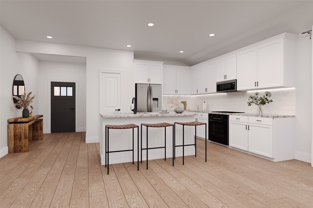 3929 Lupine Trl, Midlothian, TX 76084 - kitchen featuring stainless steel fridge, light wood-style floors, range, white cabinets, and decorative backsplash