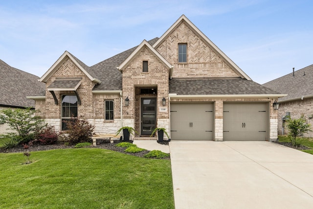 1108 Sandgate Dr, Forney, TX 75126 - french country home featuring roof with shingles, brick siding, and concrete driveway