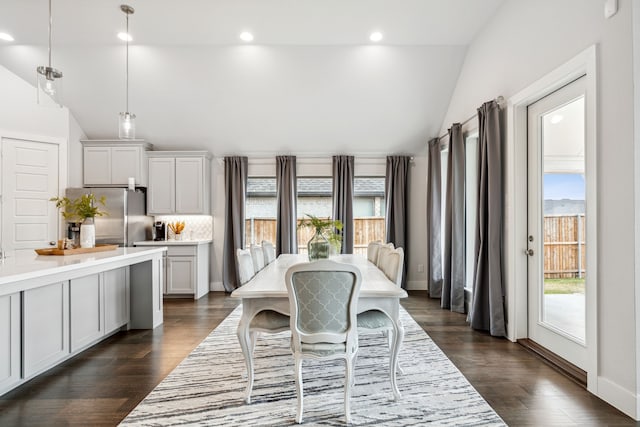 1108 Sandgate Dr, Forney, TX 75126 - dining room with vaulted ceiling, dark wood-style floors, and recessed lighting