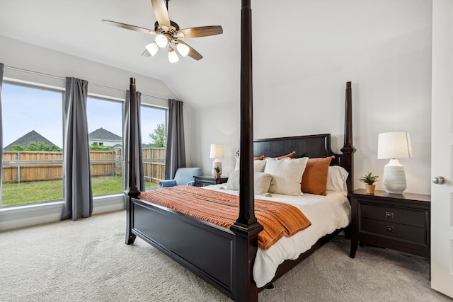 1108 Sandgate Dr, Forney, TX 75126 - bedroom featuring light carpet, vaulted ceiling, and ceiling fan