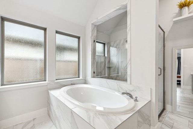 1108 Sandgate Dr, Forney, TX 75126 - full bathroom featuring a shower stall, a garden tub, marble finish floors, baseboards, and lofted ceiling