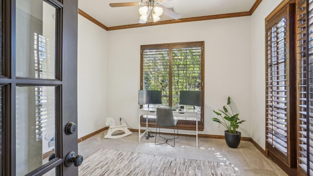 2026 Spindletop Trl, Frisco, TX 75033 - home office with plenty of natural light, a ceiling fan, crown molding, and baseboards