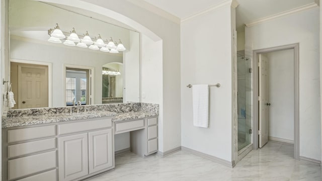 2026 Spindletop Trl, Frisco, TX 75033 - full bath featuring marble finish flooring, ornamental molding, a shower stall, vanity, and baseboards