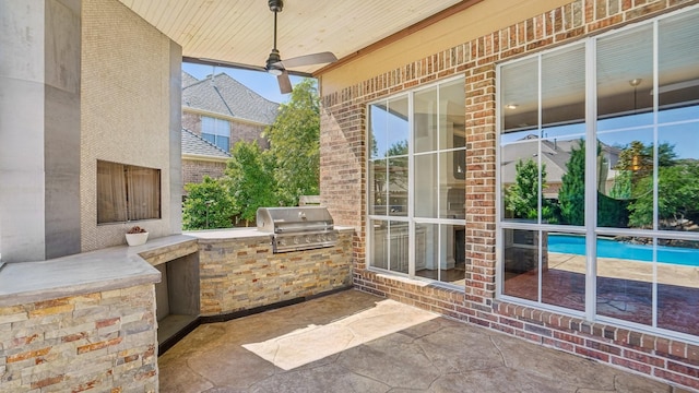 2026 Spindletop Trl, Frisco, TX 75033 - view of patio / terrace featuring an outdoor kitchen, area for grilling, ceiling fan, and an outdoor pool