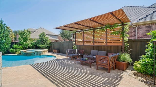 2026 Spindletop Trl, Frisco, TX 75033 - view of pool with a pergola, fence, a patio, an outdoor living space, and a pool with connected hot tub