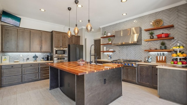 2026 Spindletop Trl, Frisco, TX 75033 - kitchen featuring wall chimney exhaust hood, open shelves, wooden counters, appliances with stainless steel finishes, and crown molding