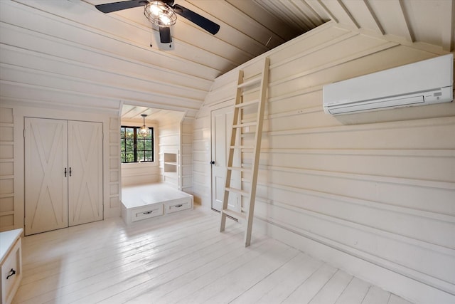 1111 Governors Dr, Corsicana, TX 75110 - mudroom featuring a wall mounted AC, vaulted ceiling, ceiling fan, light wood-style flooring, and wooden ceiling