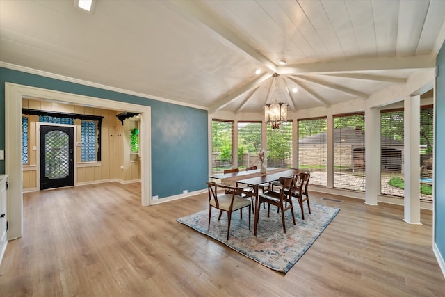 1111 Governors Dr, Corsicana, TX 75110 - dining room with a chandelier, baseboards, light wood finished floors, beam ceiling, and recessed lighting