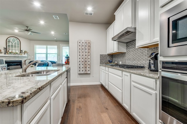 kitchen with stainless steel appliances, a sink, exhaust hood, a fireplace, and dark wood-style flooring
