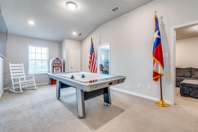 game room featuring carpet floors, baseboards, and lofted ceiling