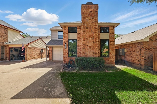 2755 Harbinger Ln, Dallas, TX 75287 - view of front facade with concrete driveway, a chimney, a front yard, a garage, and brick siding