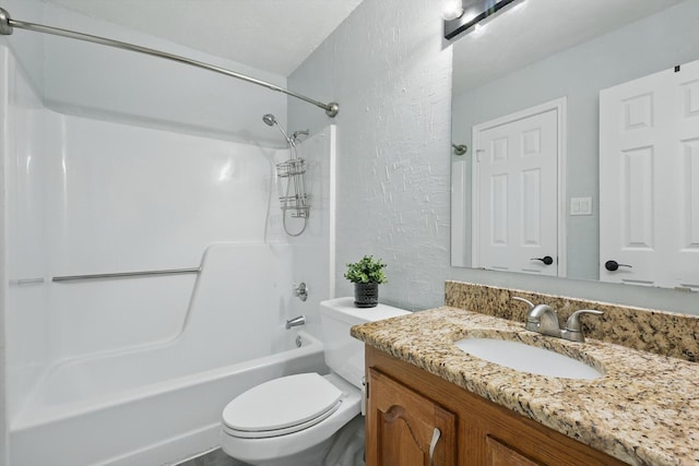 2755 Harbinger Ln, Dallas, TX 75287 - full bathroom with a textured wall, toilet, vanity, and bathing tub / shower combination