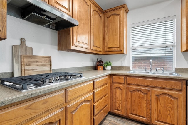 10149 Red Bluff Ln, Fort Worth, TX 76177 - kitchen with exhaust hood, a sink, stainless steel gas stovetop, and brown cabinets