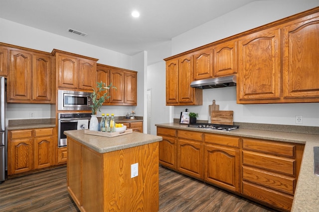 10149 Red Bluff Ln, Fort Worth, TX 76177 - kitchen with appliances with stainless steel finishes, under cabinet range hood, dark wood finished floors, brown cabinetry, and a kitchen island
