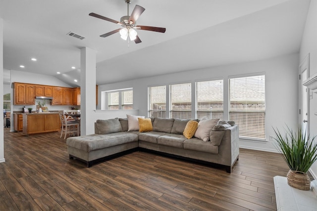10149 Red Bluff Ln, Fort Worth, TX 76177 - living room featuring vaulted ceiling, dark wood finished floors, a ceiling fan, and recessed lighting