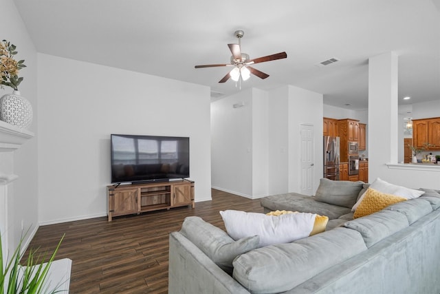 10149 Red Bluff Ln, Fort Worth, TX 76177 - living room featuring ceiling fan, dark wood-style flooring, baseboards, and recessed lighting