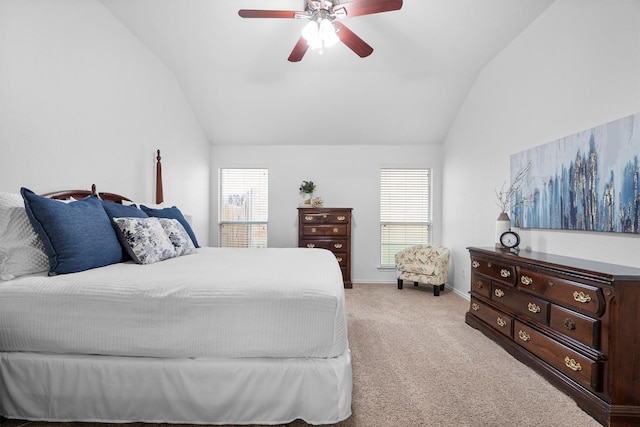 10149 Red Bluff Ln, Fort Worth, TX 76177 - bedroom with vaulted ceiling, light colored carpet, multiple windows, ceiling fan, and baseboards