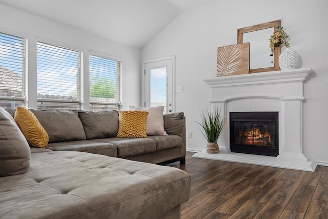 10149 Red Bluff Ln, Fort Worth, TX 76177 - living area featuring lofted ceiling, wood finished floors, a glass covered fireplace, and baseboards