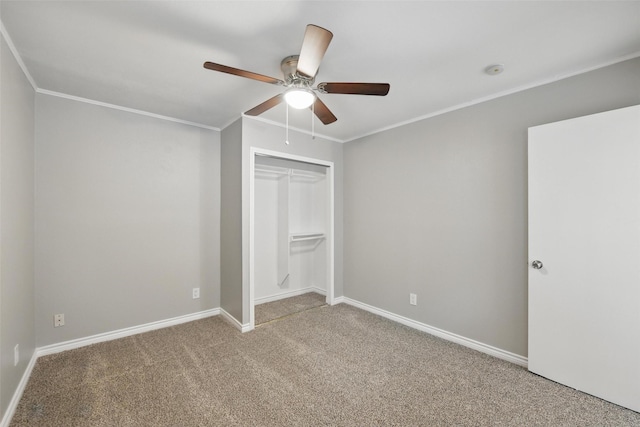 4620 Carr St, The Colony, TX 75056 - unfurnished bedroom with carpet, baseboards, crown molding, a closet, and a ceiling fan