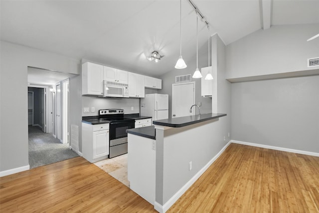 4620 Carr St, The Colony, TX 75056 - kitchen featuring white appliances, dark countertops, white cabinetry, a peninsula, and baseboards