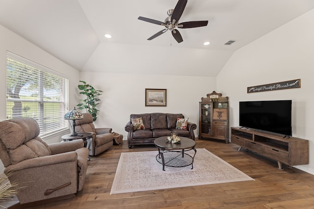 1316 Shinnecock Ct, Fairview, TX 75069 - living area featuring vaulted ceiling, a ceiling fan, wood finished floors, recessed lighting, and baseboards