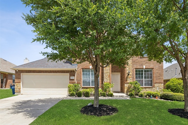 3237 Horizons Dr, Little Elm, TX 75068 - view of property hidden behind natural elements with a front lawn, a garage, concrete driveway, and stone siding