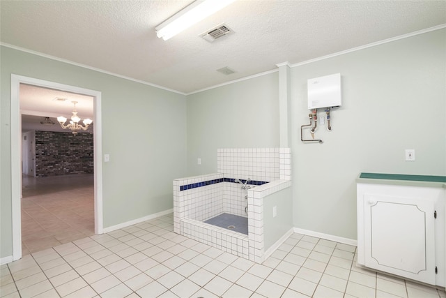 321 Evangeline Dr, Elm Grove, LA 71051 - spare room featuring light tile patterned flooring, crown molding, a chandelier, water heater, and a textured ceiling