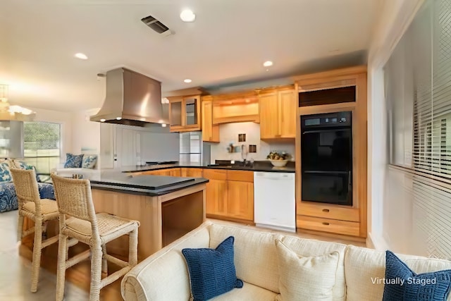 321 Evangeline Dr, Elm Grove, LA 71051 - kitchen with white dishwasher, island exhaust hood, dark countertops, a breakfast bar, and glass insert cabinets