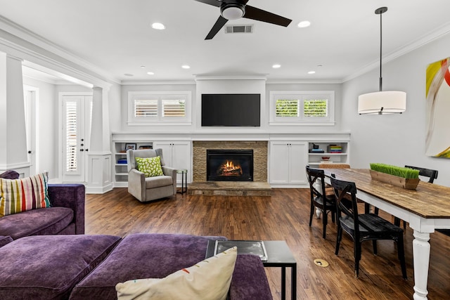 4144 Emerson Ave Unit 2, University Park, TX 75205 - living area featuring ornamental molding, a fireplace, dark wood-style flooring, a ceiling fan, and recessed lighting