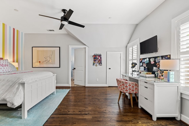4144 Emerson Ave Unit 2, University Park, TX 75205 - bedroom with dark wood-style flooring, an office area, baseboards, lofted ceiling, and ceiling fan