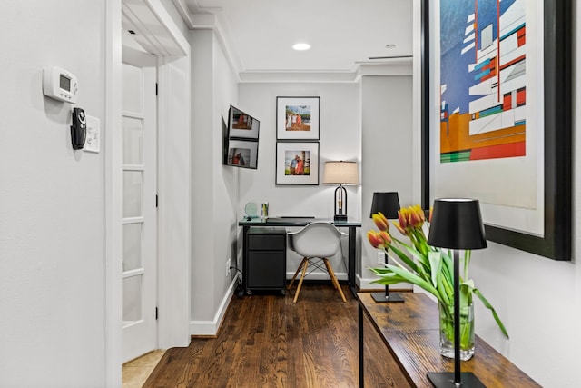 4144 Emerson Ave Unit 2, University Park, TX 75205 - office featuring dark wood-style floors, baseboards, recessed lighting, and ornamental molding